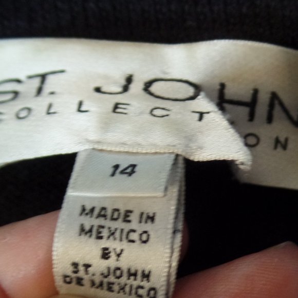St. John 2 Piece Knit Black Jacket & Skirt Bright Gold Logo Buttons Size 14 - Picture 8 of 16